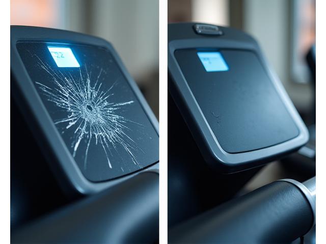 Before and after image of a repaired high-end apartment treadmill, showing restoration from damaged to pristine condition.