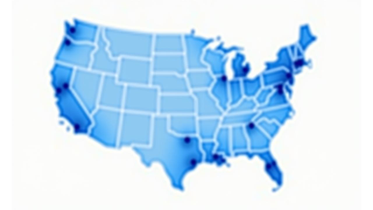 Stylized map of USA with highlighted major urban areas