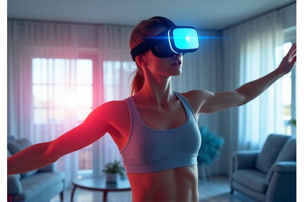 Person in an apartment wearing a VR headset, exercising with virtual reality fitness tools